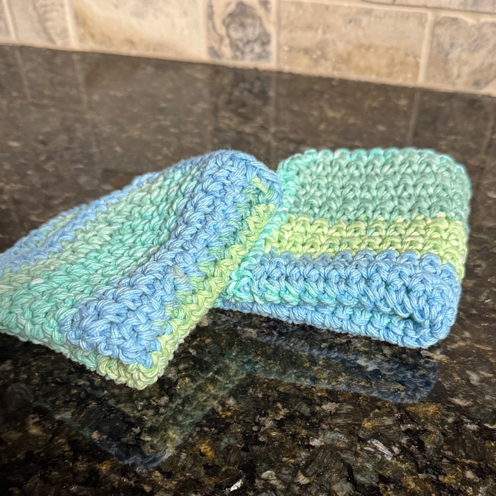 Handmade Blue and Green Crochet wash cloths / dish rags